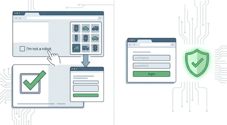 Comparison of a visible traditional CAPTCHA challenge and invisible background verification