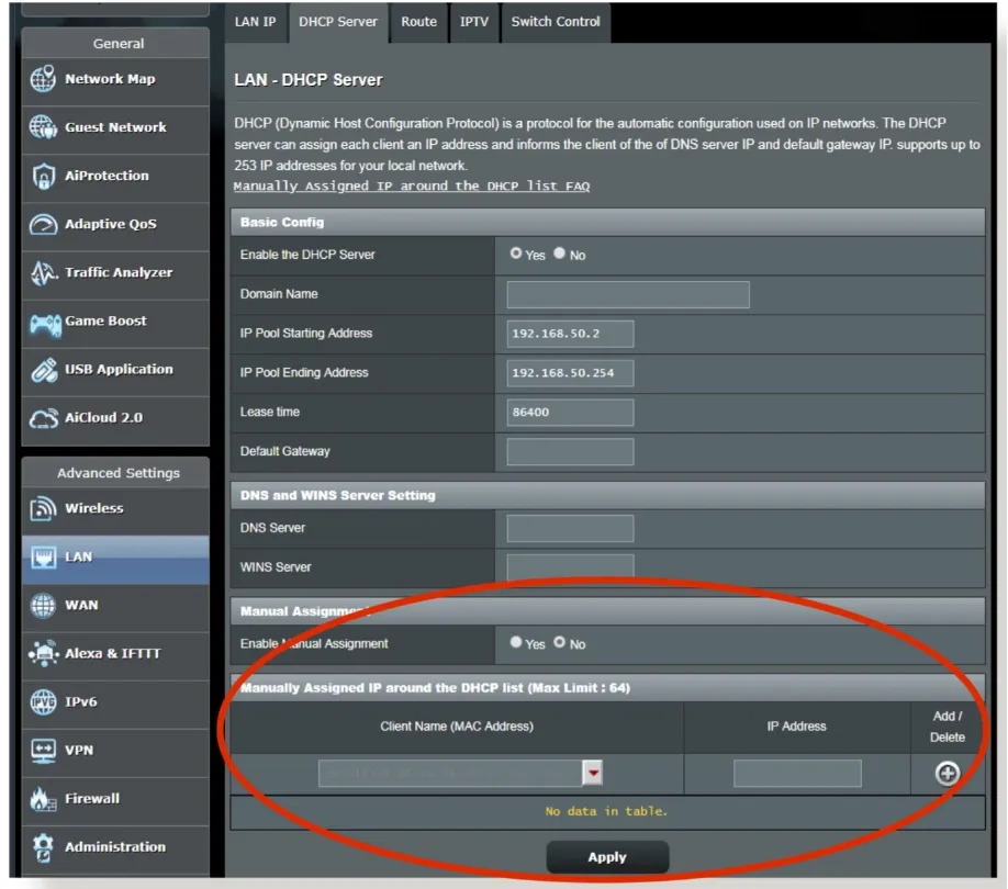 Screenshot of router DHCP reservation settings page