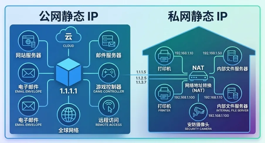 公共静态IP vs 私有静态IP示意图