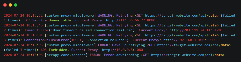 Custom Scrapy proxy retry and exception log