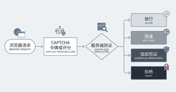 Server-side CAPTCHA verification flow with risk-based outcomes