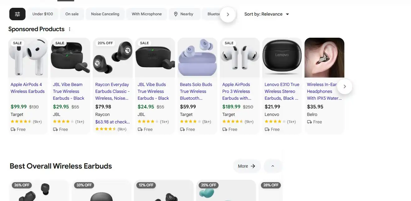 Current Google Shopping results page for wireless earbuds