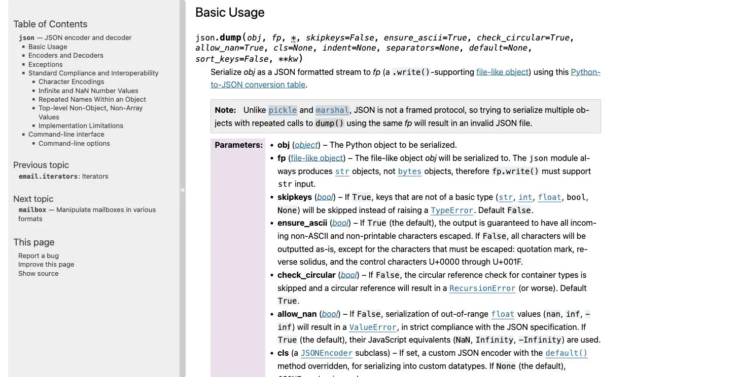 Python JSON documentation note about multiple objectsp