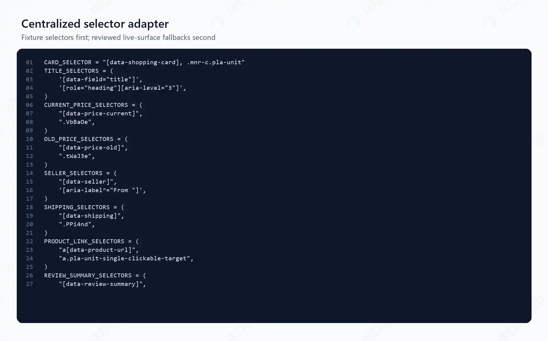 Centralized selector adapter from the tested project