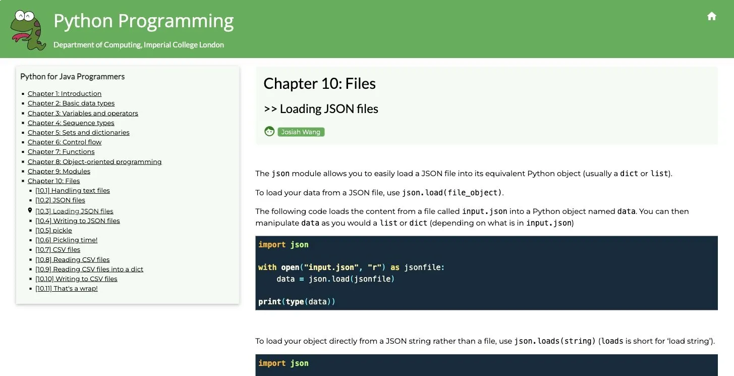 Imperial College tutorial showing json.load for a JSON file