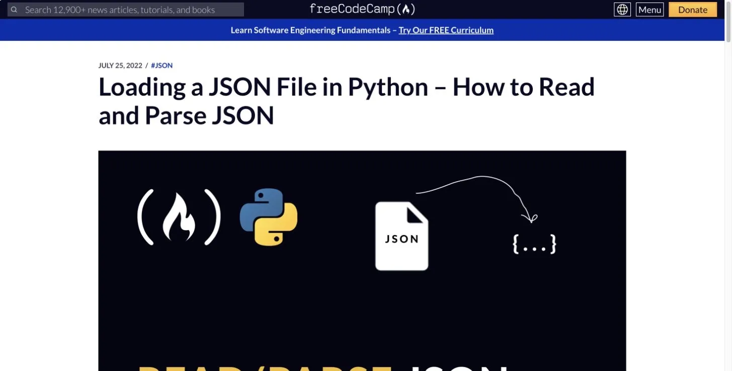 freeCodeCamp Python JSON tutorial page