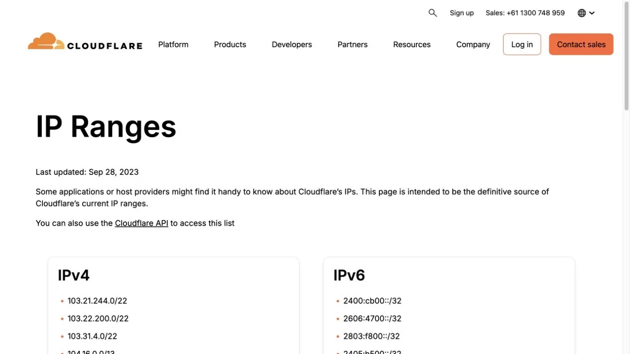 Cloudflare official current IPv4 and IPv6 ranges page
