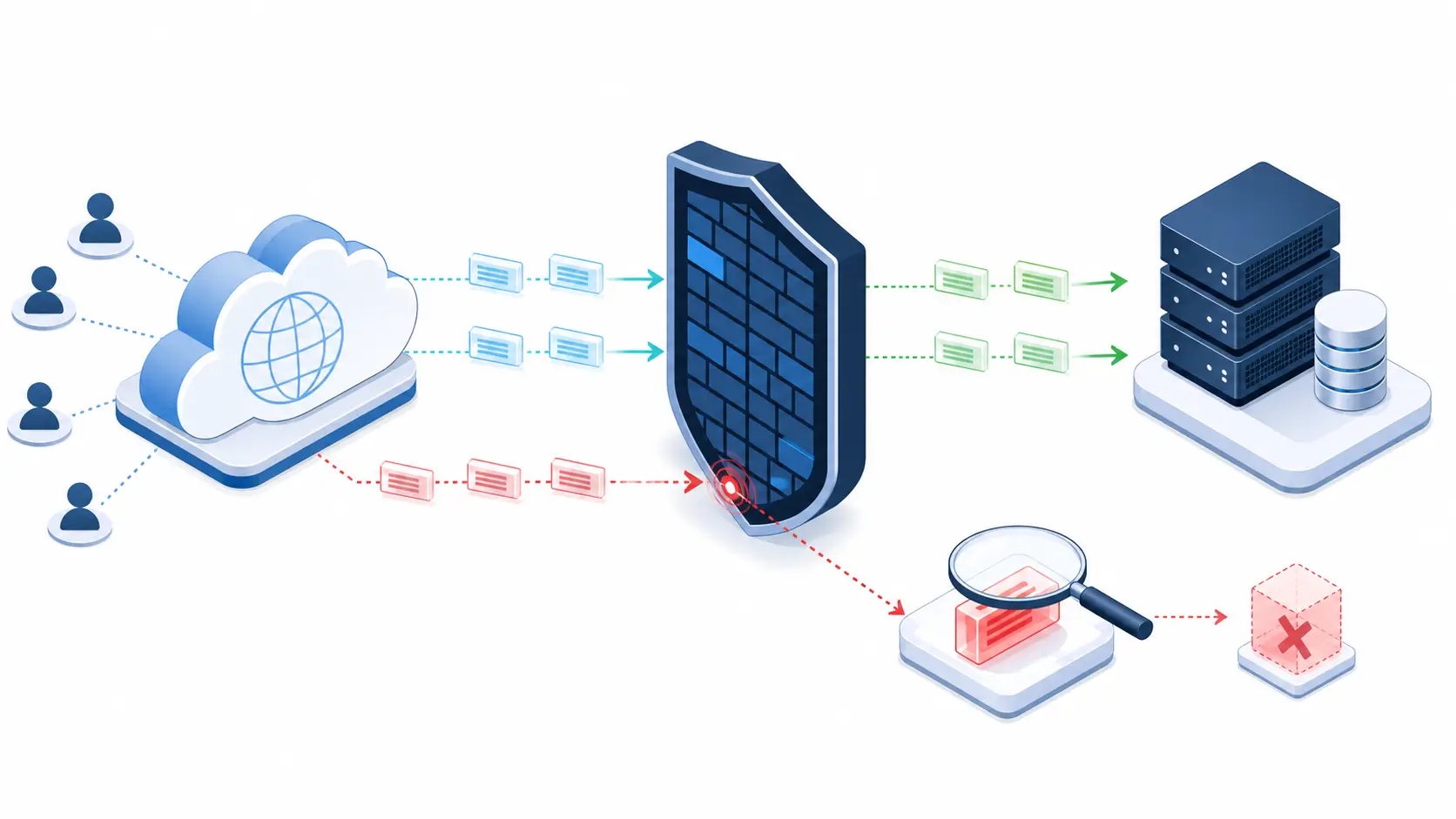 Conceptual illustration of an audit of allowed and blocked request paths at the firewall.