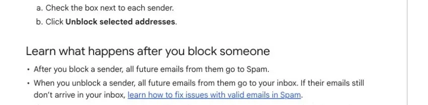 Gmail Help explaining how future mail is handled after unblocking