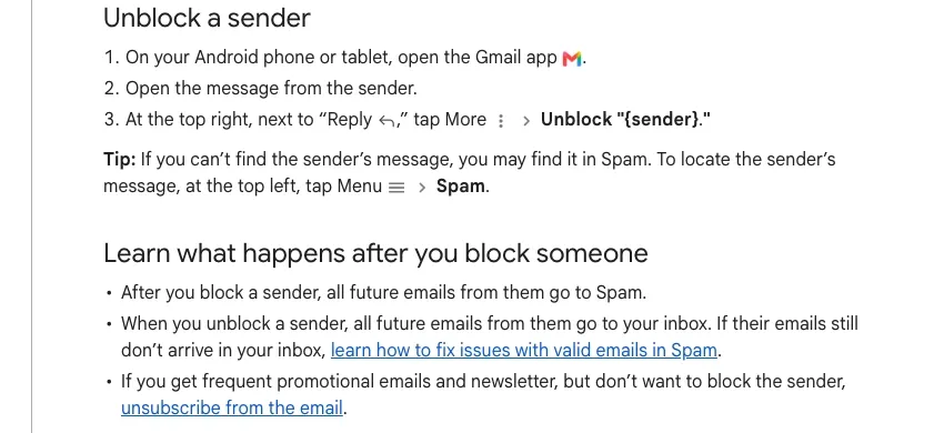 Gmail Help showing Android steps to unblock a sender
