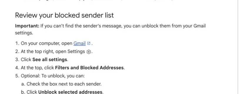 Gmail Help showing the Filters and Blocked Addresses path