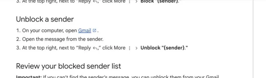 Gmail Help showing the Unblock sender command inside a message
