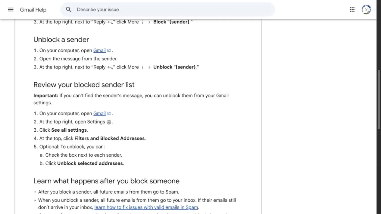 Gmail Help showing the available desktop unblock paths