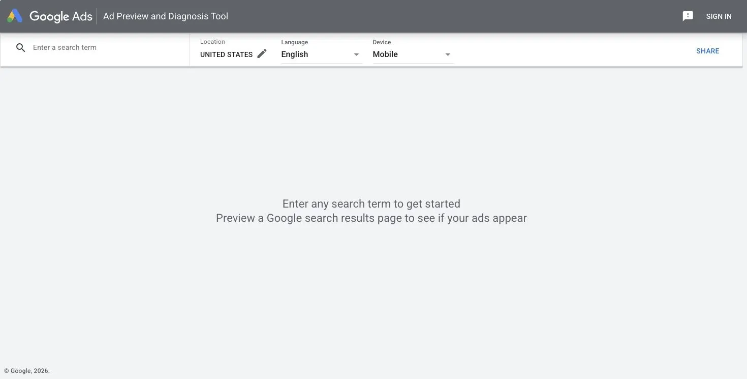Google Ad Preview and Diagnosis Tool set to United States, English, and mobile