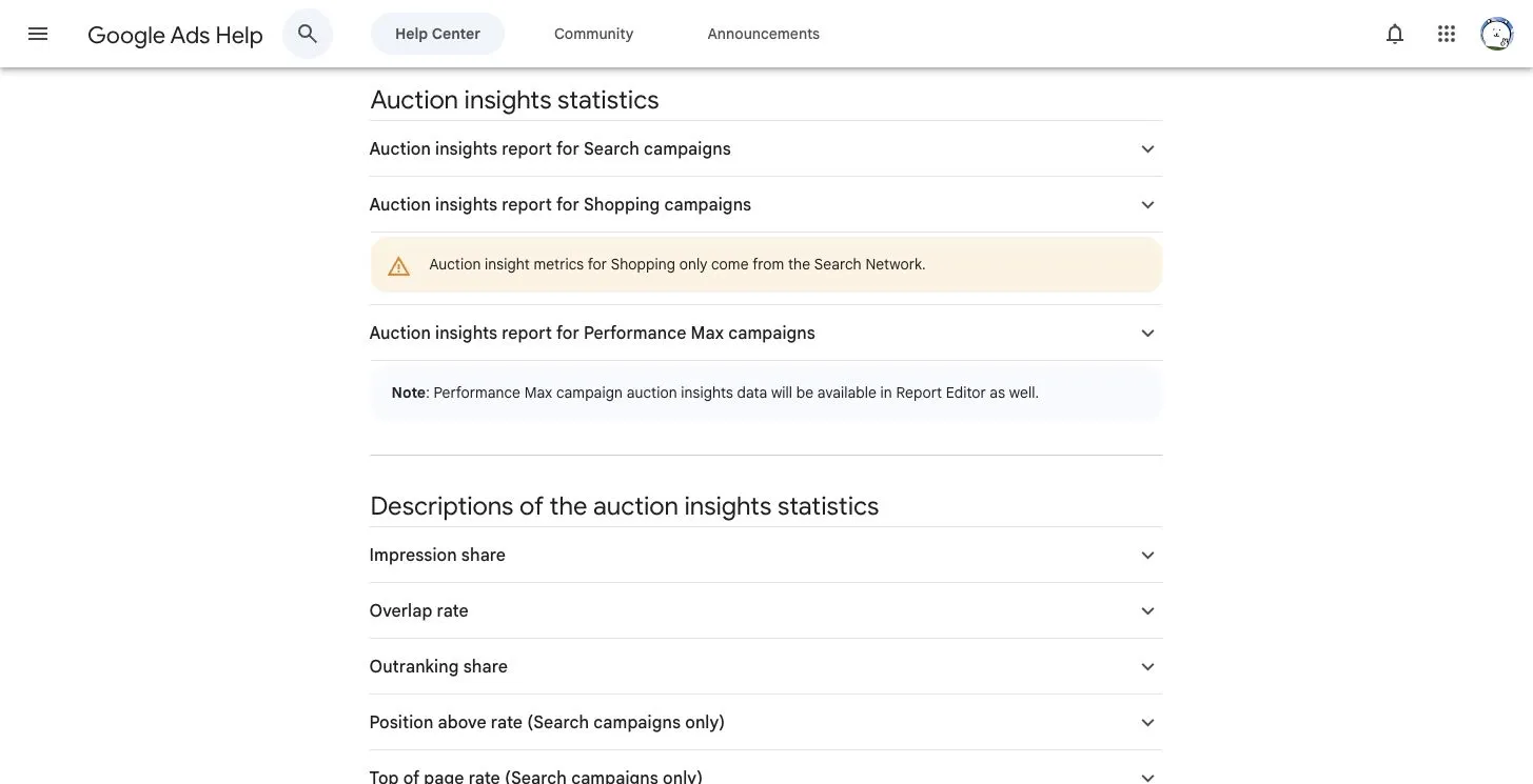 Google Ads Help page listing Auction Insights statistics