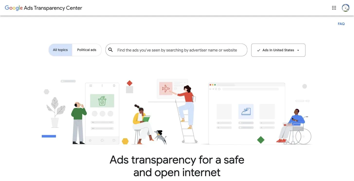 Google Ads Transparency Center search field with United States selected
