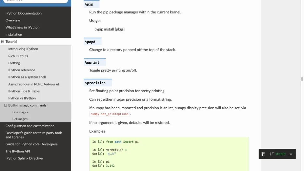 IPython documentation for the percent pip magic command