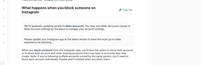 Instagram Help Center explaining what happens after blocking someone