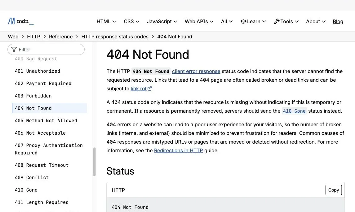 MDN page explaining that HTTP 404 means the server cannot find the requested resource