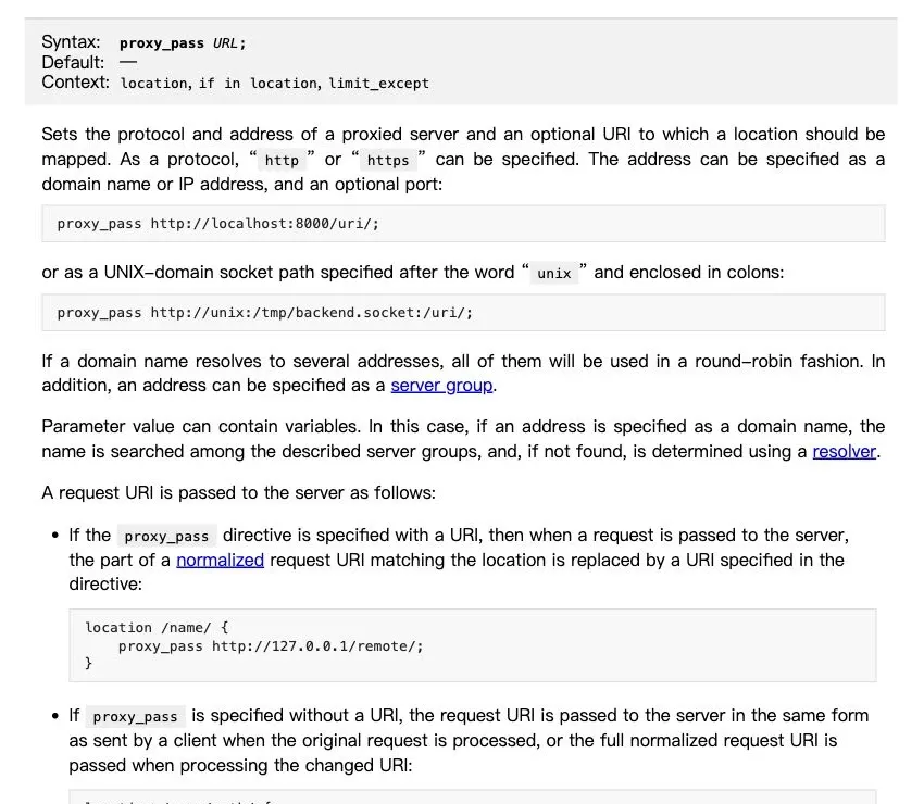Nginx proxy_pass documentation explaining how a request URI is mapped to an upstream server