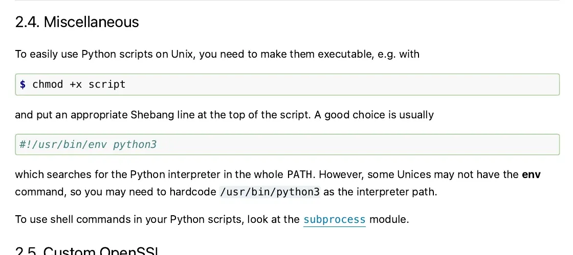 Python Unix documentation showing an executable script with a shebang