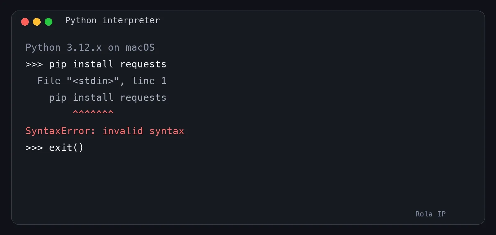 Python interpreter output showing pip install requests fail with SyntaxError