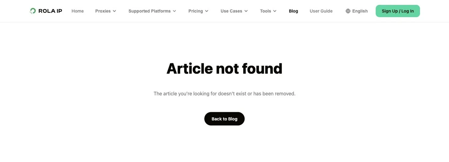 Rola IP blog page displaying Article not found for a missing URL.
