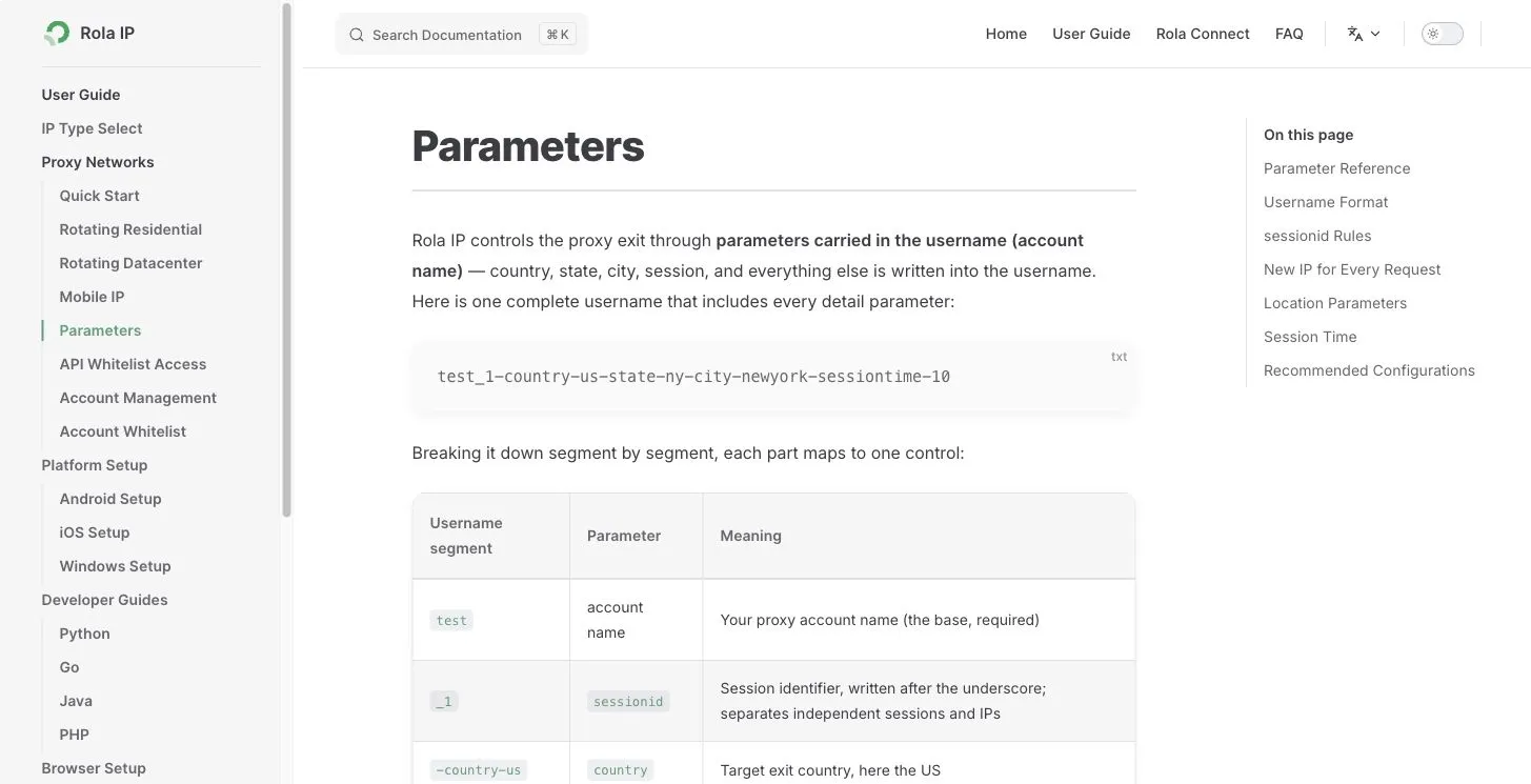 Rola IP documentation showing proxy location and session parameters