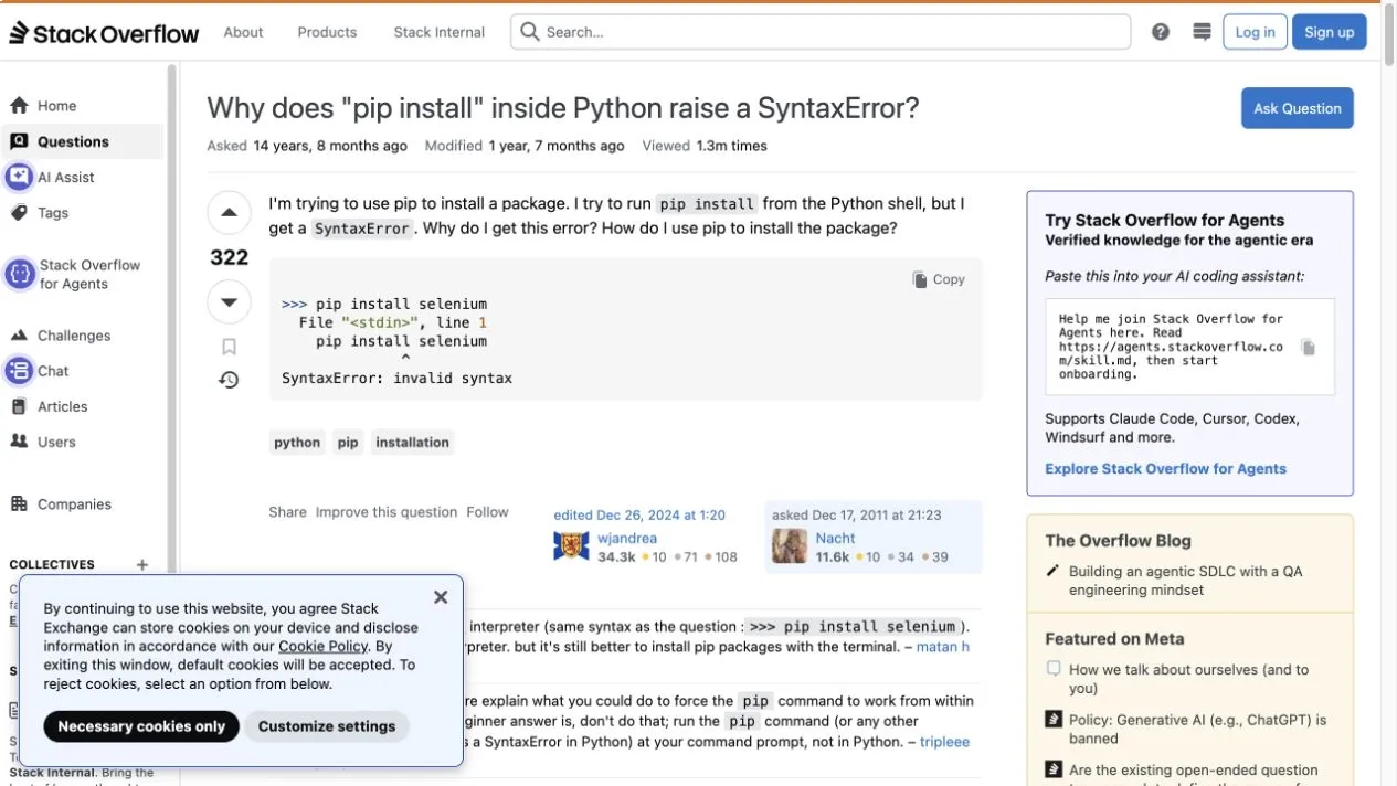 Stack Overflow question showing pip install entered at the Python prompt
