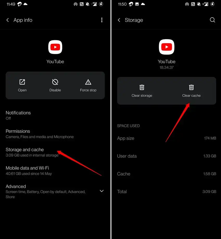 Android YouTube Storage and cache settings with Clear cache