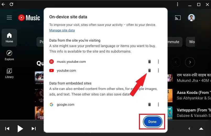 Browser settings for removing YouTube site data