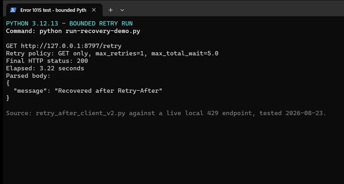 Python bounded retry output showing a 3.22-second wait followed by HTTP 200 and parsed JSON
