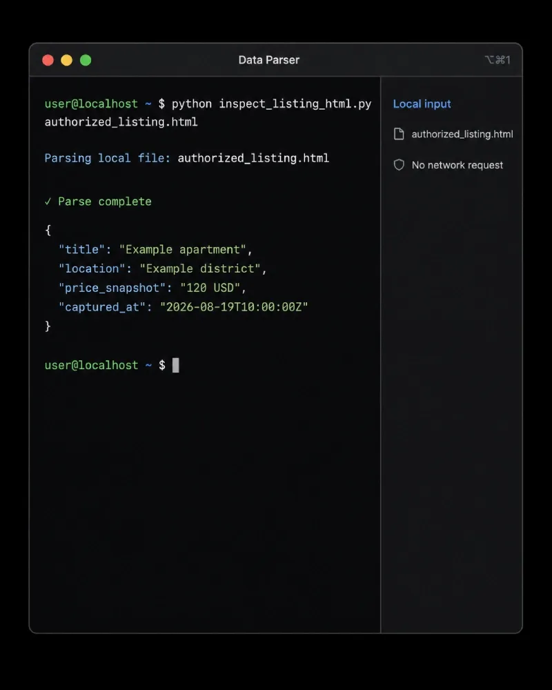 Dark local parser terminal showing an authorized HTML file and structured JSON output