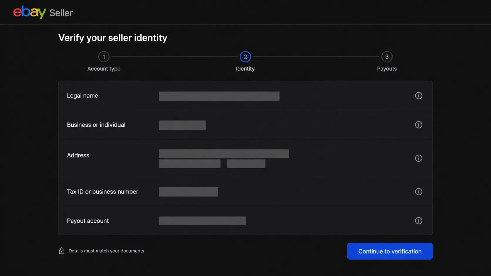 eBay seller identity verification screen with redacted legal and payout fields
