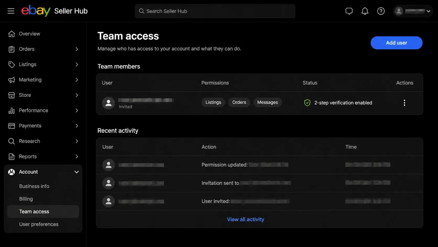 eBay Seller Hub Team access dashboard with redacted user and activity details
