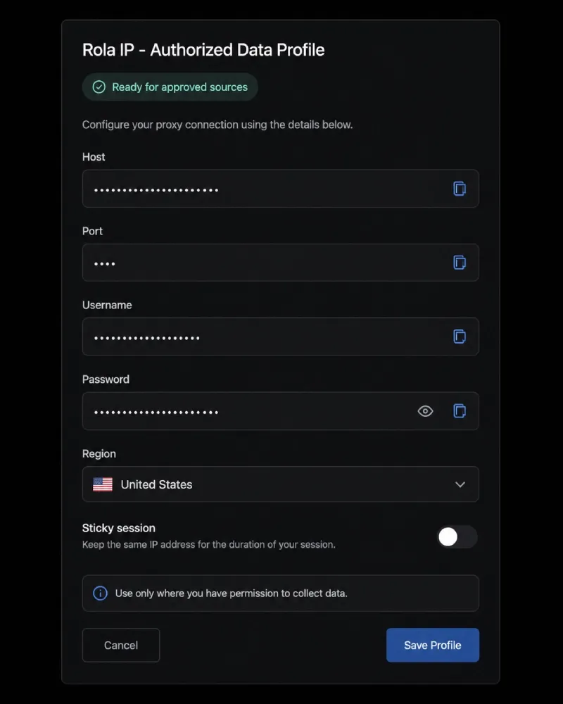 Dark proxy profile screen with redacted connection fields and an approved-sources notice