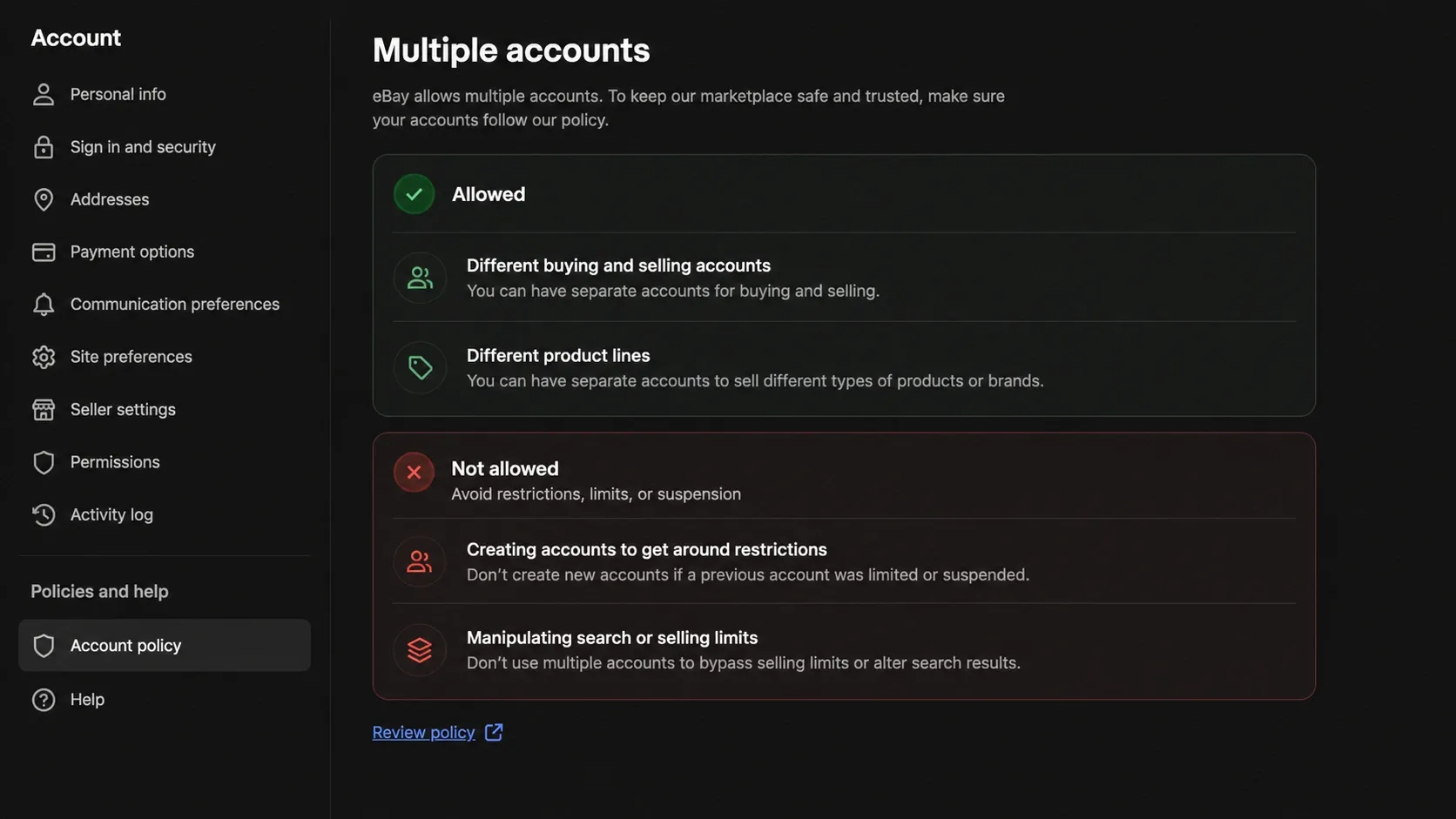 eBay multiple accounts policy screen showing allowed and not allowed uses