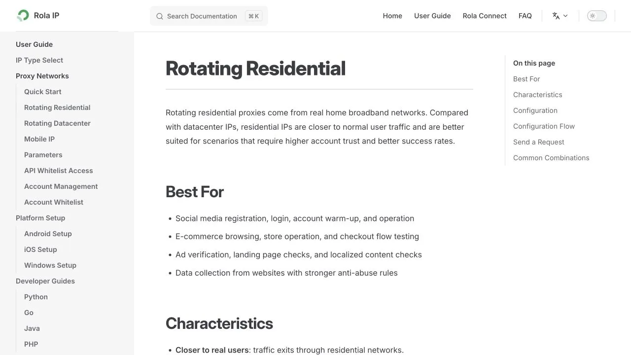 Rola IP documentation for configuring rotating residential proxies and session parameters