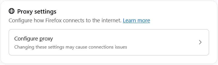 Firefox Proxy settings screen with a Configure proxy option
