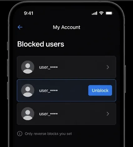 Illustrative dark mobile screen showing a blocked-users list with an Unblock control