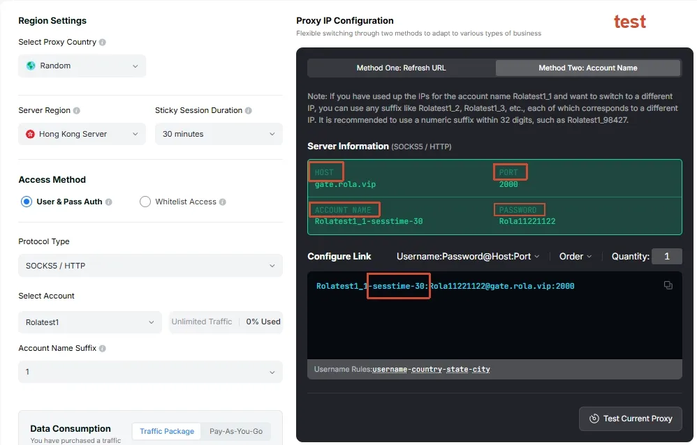 Rola IP proxy connection parameters