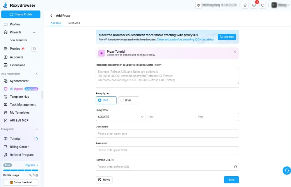 RoxyBrowser proxy profile configured
