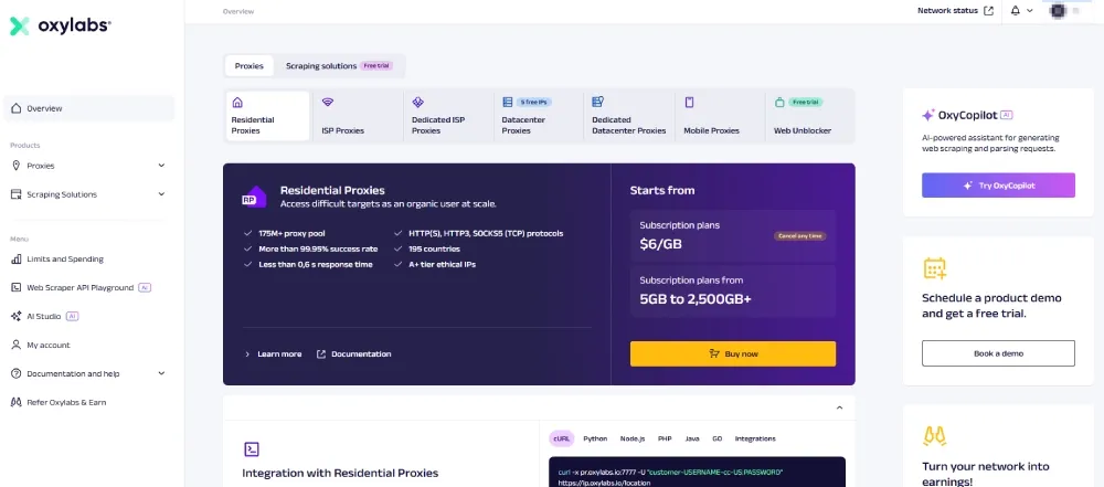 Oxylabs dashboard page