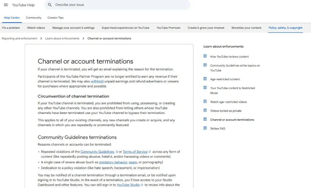 YouTube Studio channel or account termination screenshot
