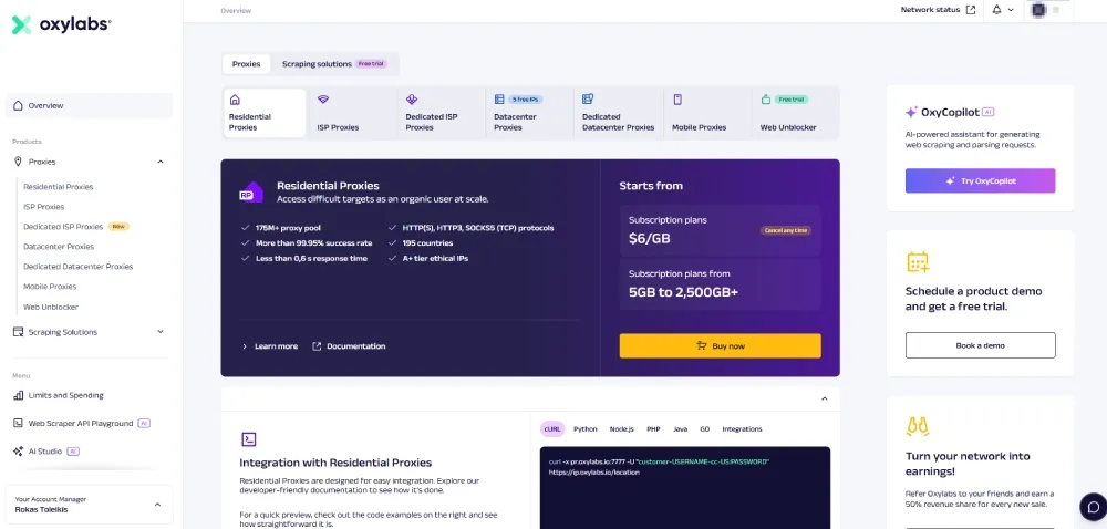 Oxylabs dashboard overview