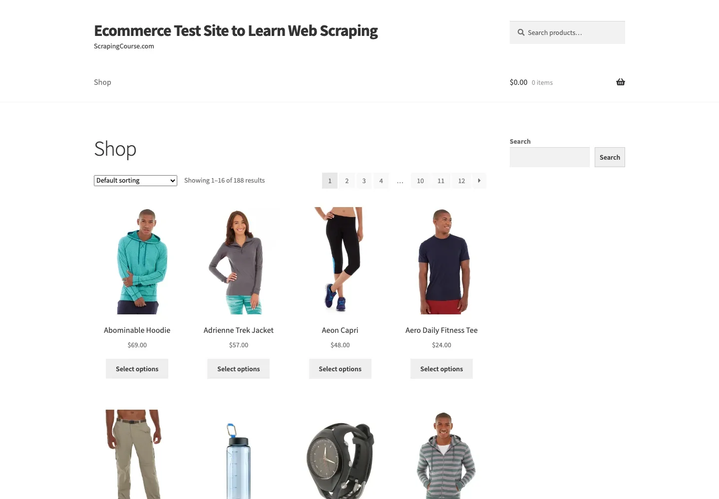 Live product listing page with pagination, product images, product names, and prices