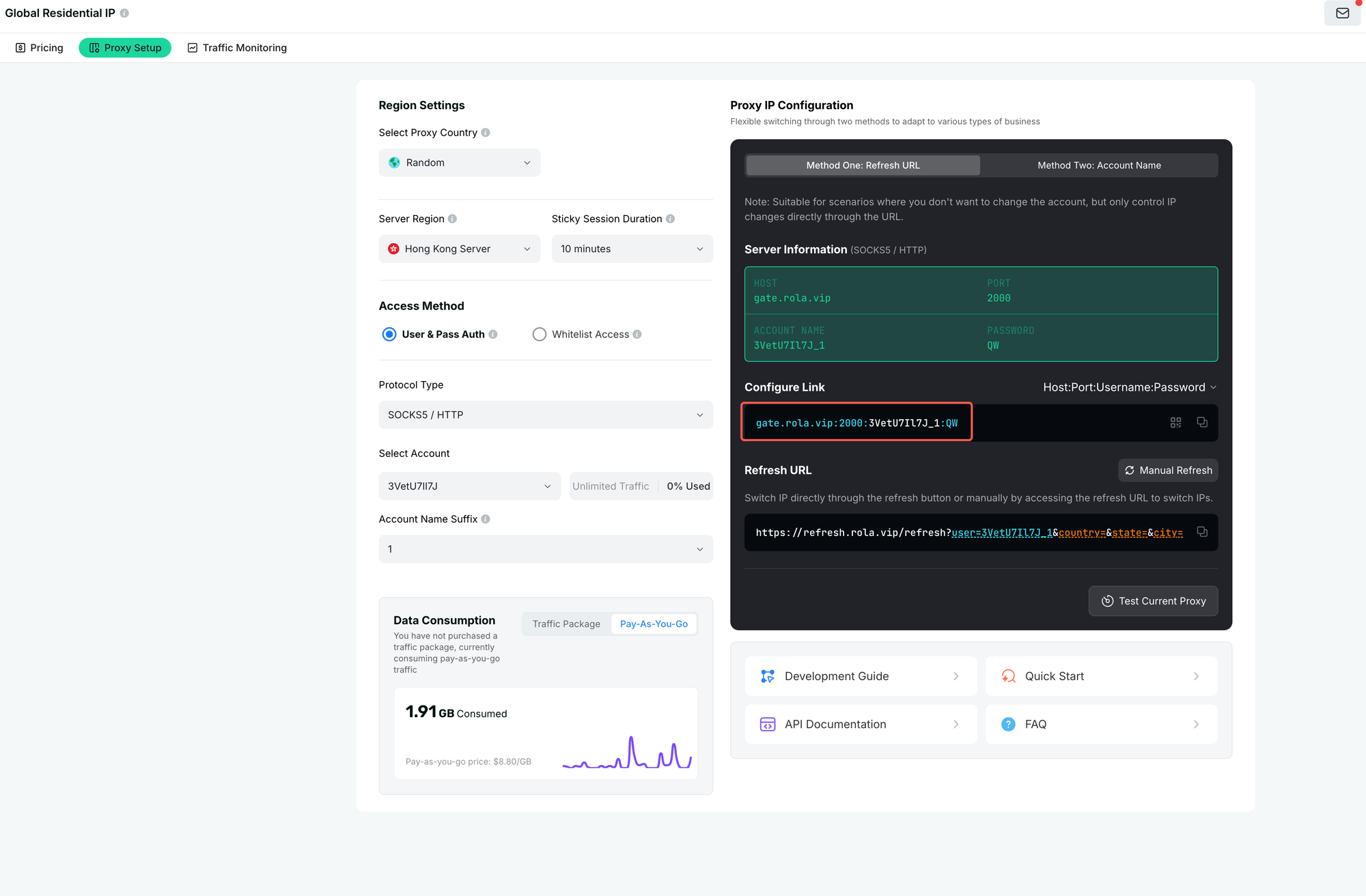 Rola IP quick start page for opening rotating residential proxy settings
