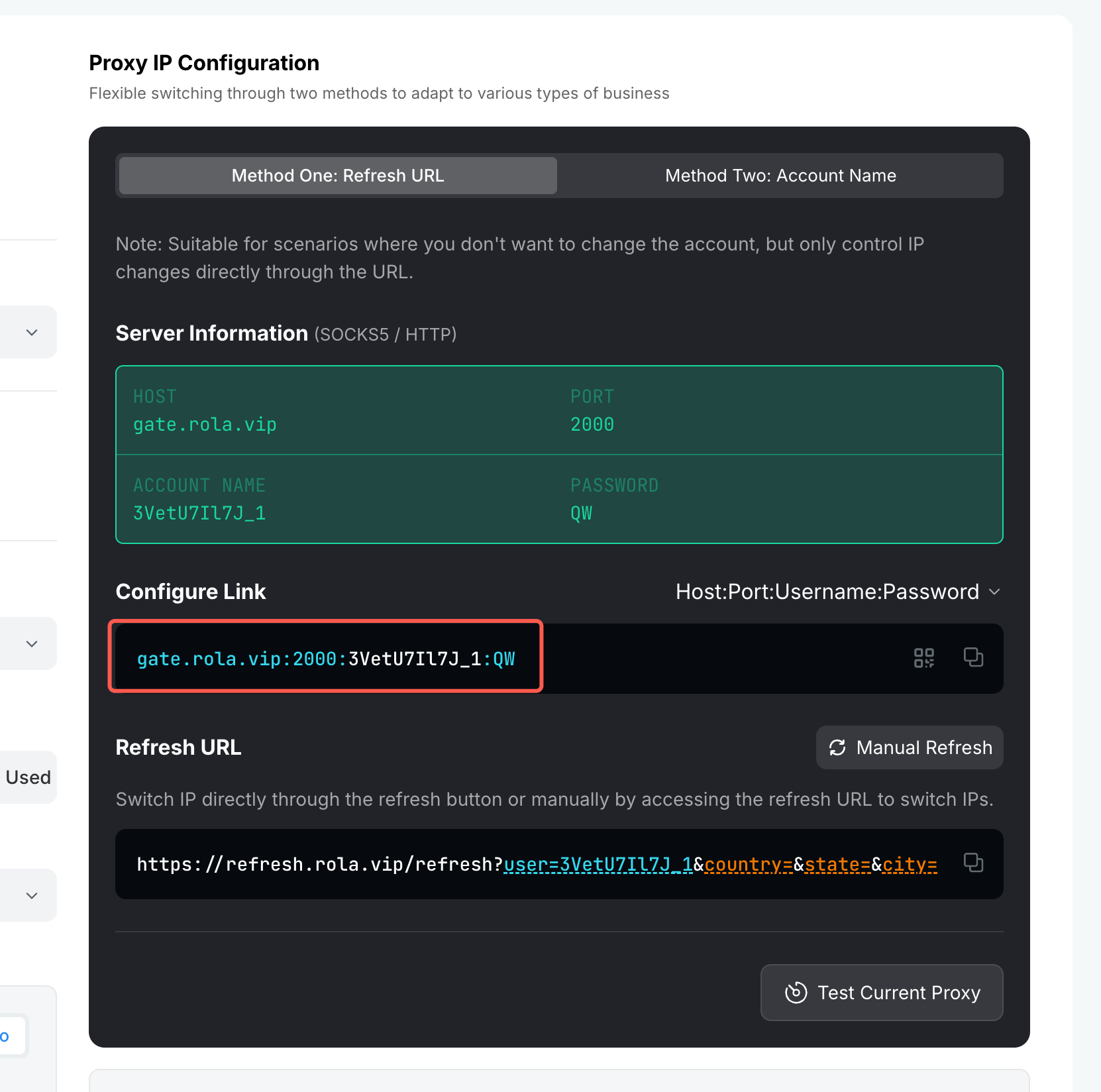 Proxy configuration fields for host port username and password