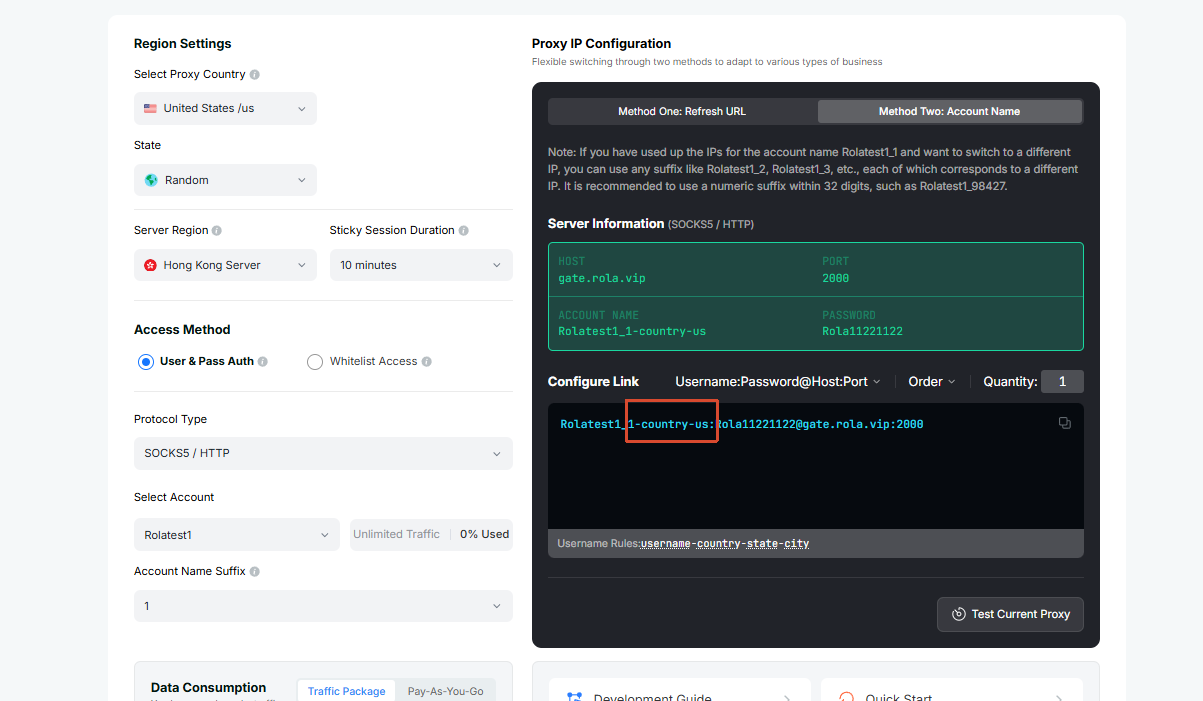 Proxy username configuration with a country targeting parameter