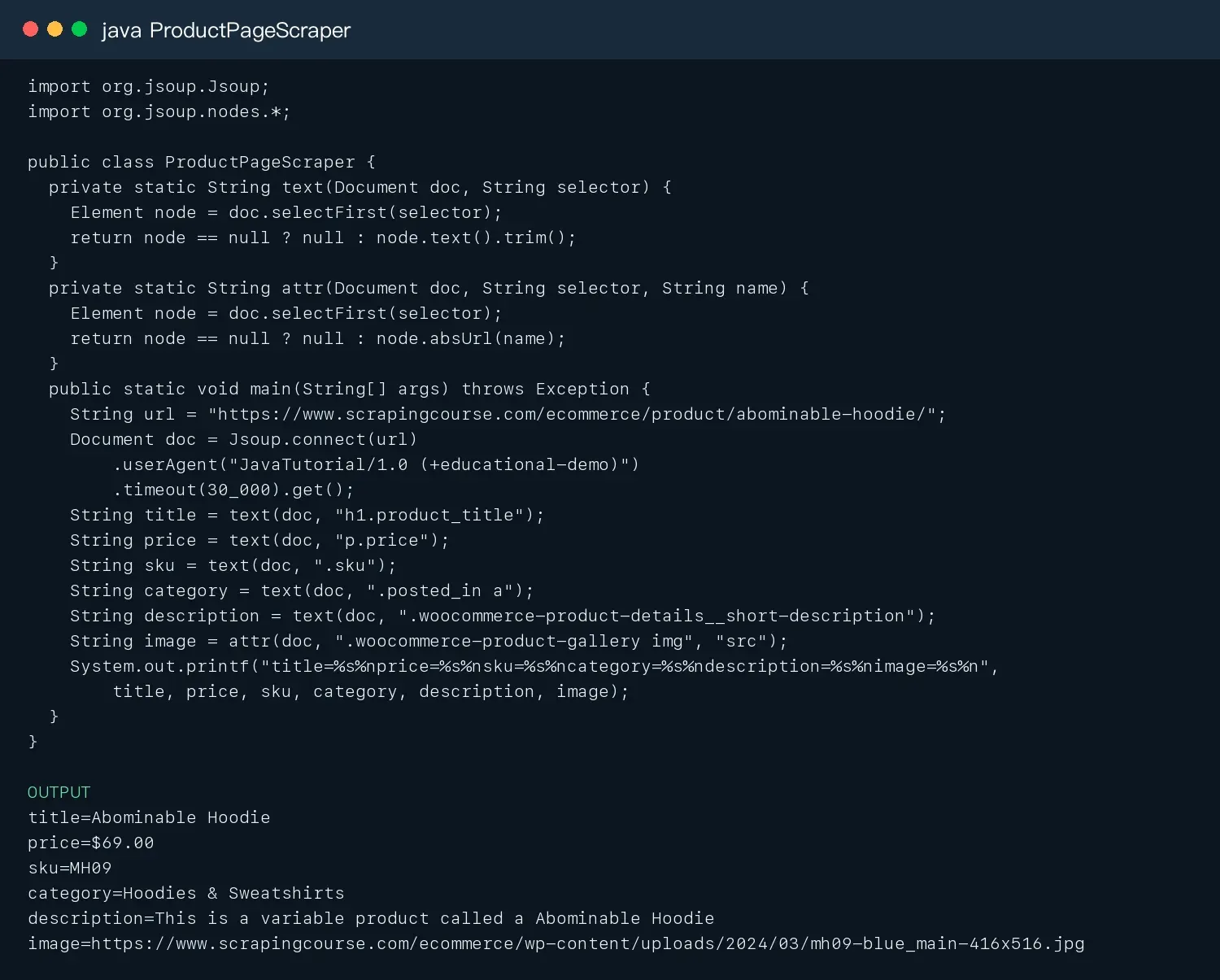 Live Java product-page scraping result